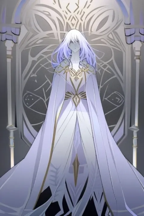 freeze, do anime Sousou no freeze,  has a simple and minimalist style ,  Your calm and introspective personality .  She wears a long and clear coat ,  that reaches below the knees ,  with gold details and a high collar ,  over clothes in neutral tones , co...