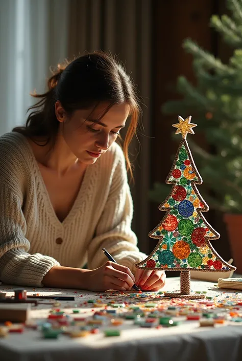 CREATE A REALISTIC IMAGE OF A WOMAN ON HER SIDE ,   MAKING A CHRISTMAS PINE TREE WITH TRENCADIS MOSAIC TECHNIQUE