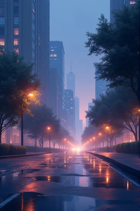 
"Create an image of a tranquil, serene night cityscape with softly glowing streetlights reflecting off wet pavement after a light rain. The city is quiet, with a calm atmosphere, and the streets are nearly empty except for a few distant cars slowly passin...