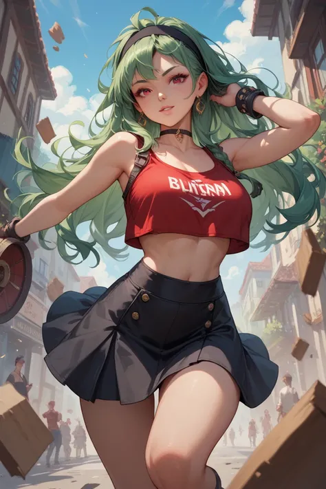 Green long hair, Red eyes,Black headband on the top, Red crop top, Black Skirt,On a thrown, Little bigger boobs