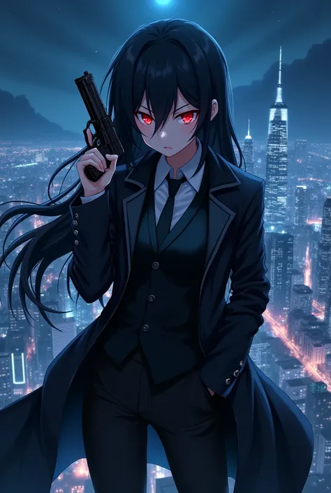 Anime Girl in Black Suit and tie, with black trench coat , long hair , red eye, hold Pistol, on Building Roof Top ,night , blue city,angry face ,anime style 