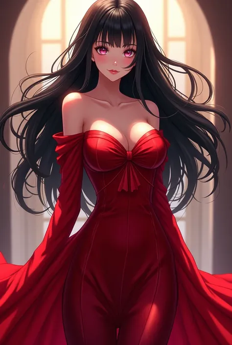 (anime) 28 year old woman, long black hair. Mauve . slender,  big breasts,  tall eyes wearing a red long blanket dress
