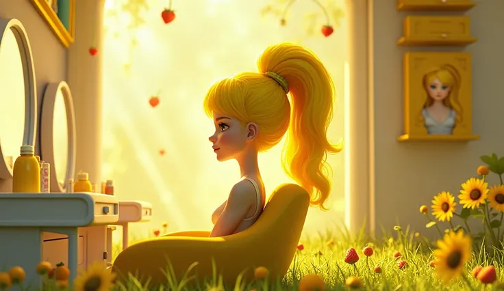 lemon shaped hair and beauty salon room, yellow and white shades, high quality, detailed, realistic, a little fantasy, day, grass, strawberries, sunflowers