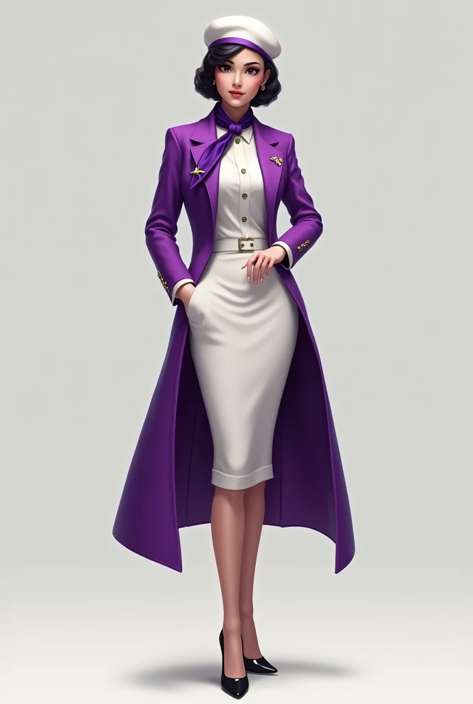 stewardess outfit, white uniform with purple details  , purple shirt with white coat and gold airplane badge and purple scarf around the neck with a white beret with purple details with black heels realistic art stilettos for women