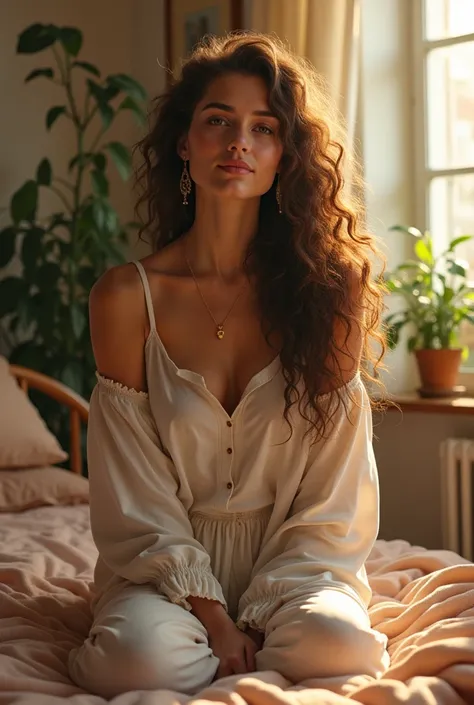 (photorealism:1.2), beautiful woman, sitting on bed, wearing loose off-shoulder top, pajama pants, long curly hair, indoors, soft lighting, plants in background, window with sunlight, cozy room, relaxed pose, realistic, intricate details, warm colors, by G...