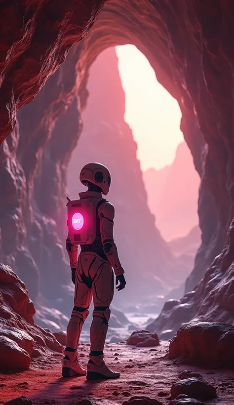  futuristic planet Mars, the main character in the center of the picture, we see the hero from behind, looks like a modern flying robot, takes up about a 10% of the height of the photo, on its back is a big pink start button in accordance with the style, t...