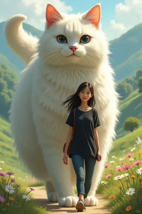 A woman wears a black cesual shirt ,  and is walking alongside a giant angora kicing, and walk together the same 