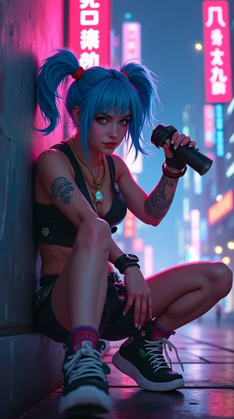 Jinx from League of Legends in a cyberpunk setting, striking a dynamic battle pose. She has wild blue hair styled in pigtails, wearing a colorful and edgy outfit with various gadgets and weapons. Jinx is raising her weapon, aiming it directly at the camera...