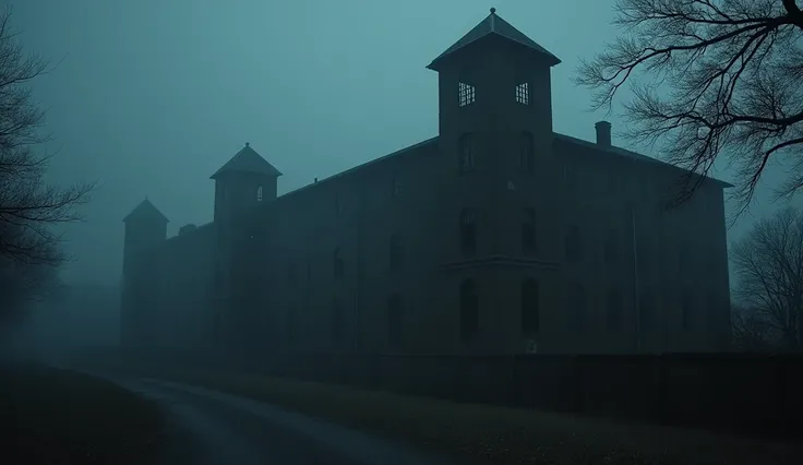 "A dark, misty evening shot of Moundsville Penitentiary. The wind blows through the trees, making the shadows stretch across the prison walls. A faint, glowing light flickers in one of the windows, adding to the haunted atmosphere."