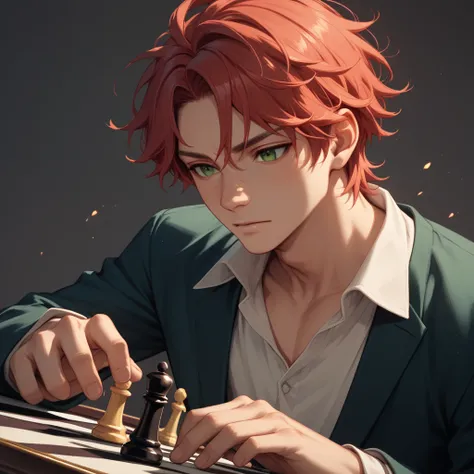 a boy with red hair and green eyes playing chess