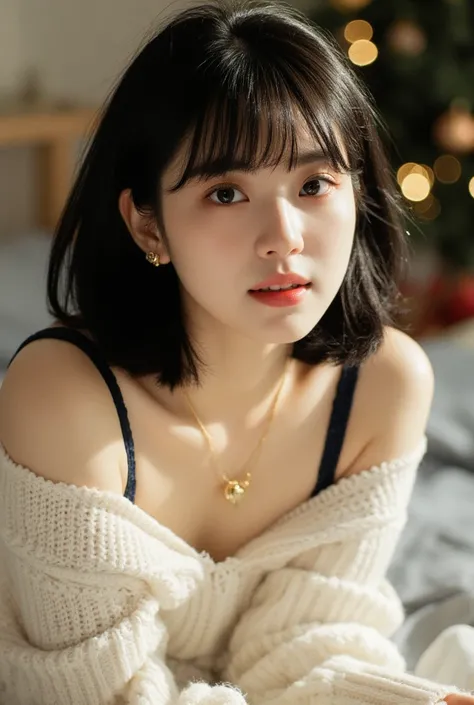 (( top quality)), ((masterpiece)), (Details),one Japanese girl, smile ,open mouth,look at me with black short bob hair white skin in offshoulder knit and navy pleated skirt, small gold earrings,gold necklace,(accurate anatomy:1.3),lying on bed,in a room de...