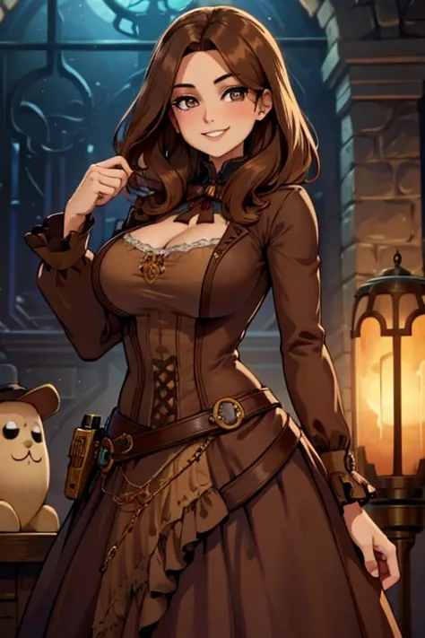 Perfect face. Perfect hands. A brown haired woman with copper eyes and an hourglass figure in a steampunk ballgown is smiling in a Gothic ballroom