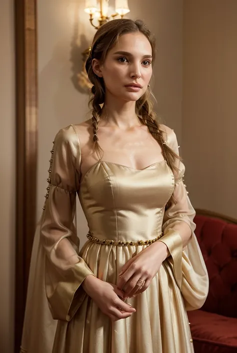 Natalie Portman with blonde hair in braided coils threaded with gold beads, wearing a Tudor style pale champagne colored gown with belled sleeves and a square neckline, along with full chiffon skirts and small gathered gold gauze roses along the sleeve cuf...