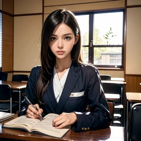 Young female, typical studious student appearance, neatly dressed in a uniform, taciturn and expressionless, calm gaze, low-key and composed posture, Japanese dormitory setting, black or dark brown straight long hair, quiet study environment, slightly intr...