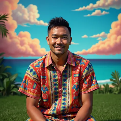 a photorealistic Polynesian man with an embroidered shirt on sitting on the grass facing a painting of a colorful cartoon sky and cartoon clouds on a wall, embroidered clothes