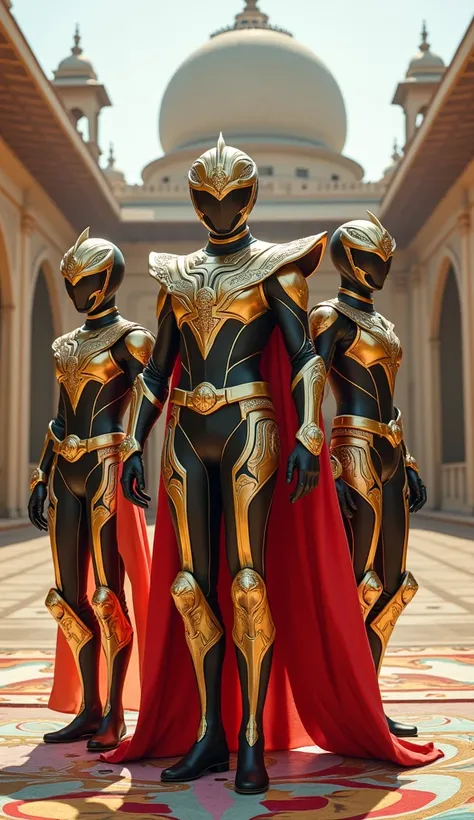 The Power Rangers reimagined with sleek, futuristic suits inspired by traditional Indian attire and mythology. Each ranger’s armor features intricate gold and jewel-like patterns reminiscent of saree and dhoti designs, with flowing cape-like accents resemb...