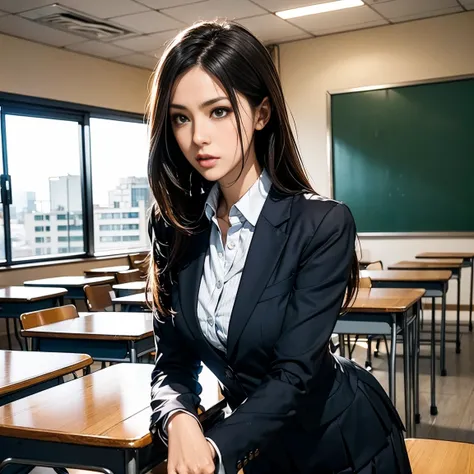 Young female,wearing school uniform, background of an academic classroom or discussion room, long hair, possibly black or dark brown, neat and formal school attire, confident expression with a hint of playfulness or wit, slender figure, sharp eyes, an inte...