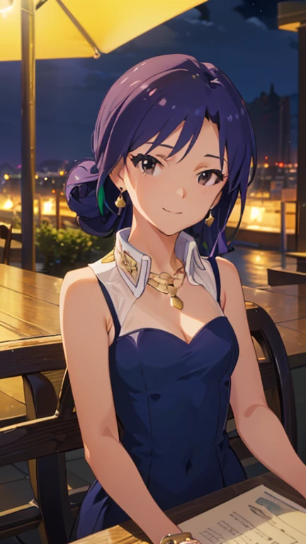 (( top quality)), ((masterpiece)), (  Details),  perfect face, ( top quality), (  Details skin:1.3), (複雑な  Details), ,  Nightdress, ((midnight blue dress )),  Deep Neckline ,  green emerald necklace,  earrings,  stunning smile , (Hair Bun, Purple Hair), Te...