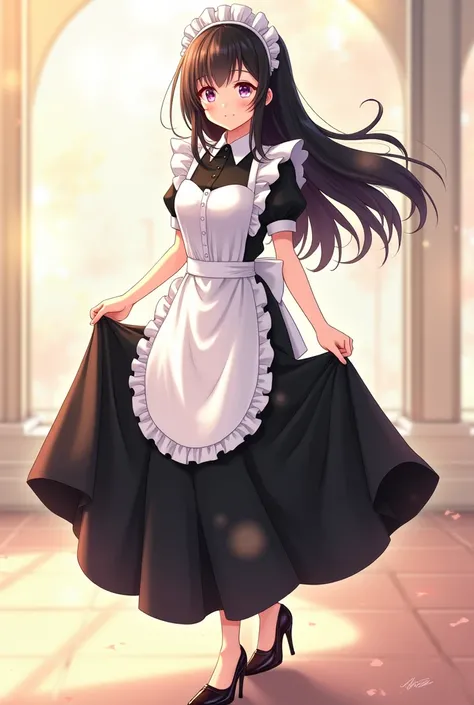  anime style .
woman, Mid 20s,Maid, summary hair ,  black hair,  Long Skirt, high heels, smile, 