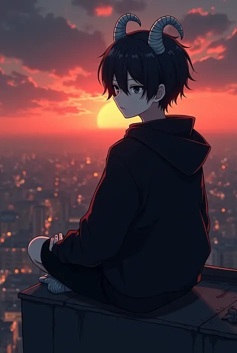  Cold-faced anime boy with gray horns wrapped in bandages, with a pale complexion ,  black eyes and black and white hair ,  dressed in a black sweatshirt , sitting on the edge of a building watching the sun go down  