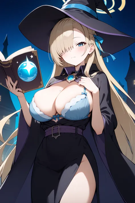 Asuna Ichinose,megami magazine,very long hair,blonde hair,hair over left eye,hair ribbon,blue ribbon,halo,blue eyes,large breasts,
((wizard’s robe, witch’s clothes,wizard,witch,witch’s hat,crowned cap,breasts spilling out of bra,:1.3)),
1girl,(is embarrass...