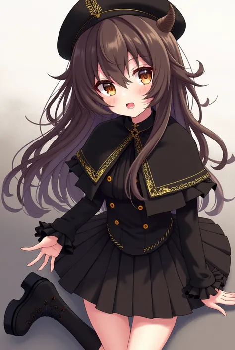  An anime-style girl ( bungo stray dog style ) with brown eyes,  pale skin pink cheeks pink lips dark brown hair that is long to the waist  ( hair that is wavy and layered and that looks somewhat messy ,  with a tuft of bangs on the left side of the face r...