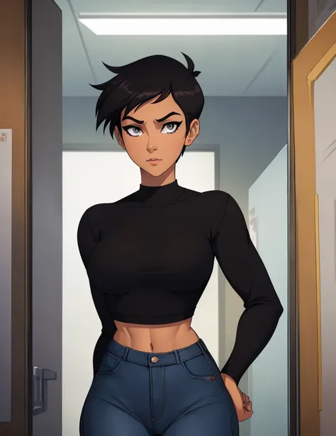 ((ultra quality)), ((masterpiece)), Lois Lane, short stature, ((black short hair tomboy hairstyle)), (Beautiful face), (beautiful female lips), (), charming, ((sexy facial expression)), looks at the camera, eyes slightly open, (light skin color), (light sk...