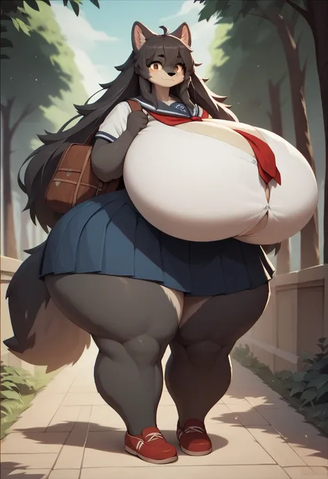 wolf furry cute girls,(gigantic breasts) very long huge legs, (very wide gigantic hips gigantic ass)(very wide gigantic fat body) school uniform in the school. 