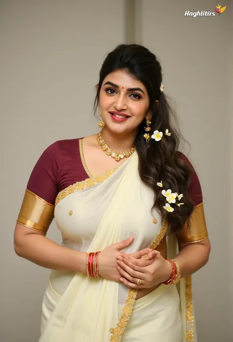 Create a portrait of a beautiful Hansika motwani with a curvy figure, including fuller breasts and hips, dressed in a traditional white saree with a golden border and a maroon blouse. She is wearing gold jewelry, including a necklace, earrings, and bangles...