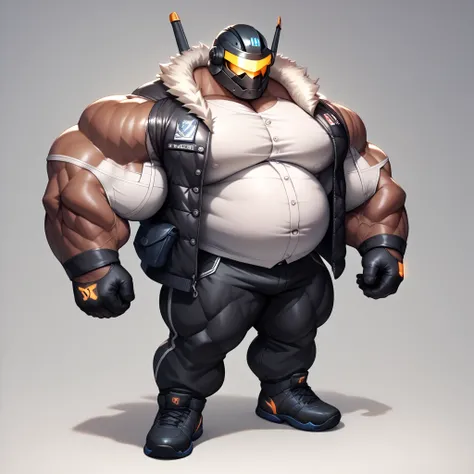 a man with a big giant musclegut tall wide body with big fat belly using black jacket, white shirt, black glove, black pants, and robot helmet which cover all of his face. Full body, standing still, solo, very big, very tall, very wide, very muscular, very...