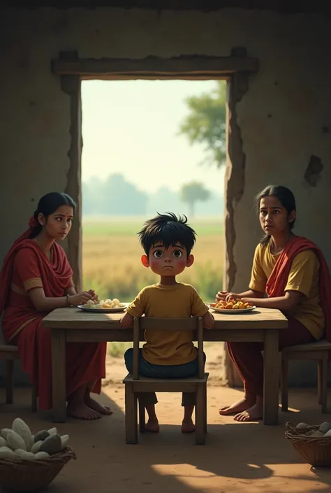  **Rural Setting with a Modest House:** A small, simple house in a rural Indian village, surrounded by fields. Inside, a young boy with a worried expression looks at his family, who sit around an empty dining table, symbolizing poverty and struggle.  