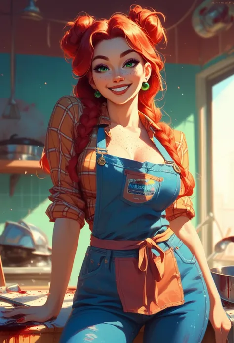 Adult female, wearing flannel shirt and blue jeans, wearing construction apron, holding bloody tool, soft smile, long red hair in messy bun, green eyes, covered in freckles, blood on apron, standing in front of camera, highly detailed, focus on face, dynam...