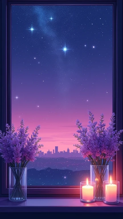 Create anime style cozy nighttime scene from the perspective of a window view. Include a vibrant starry sky filled with shimmering stars against a deep purple backdrop. Arrange fragrant purple flowers in glass vases on the sill, complemented by softly glow...