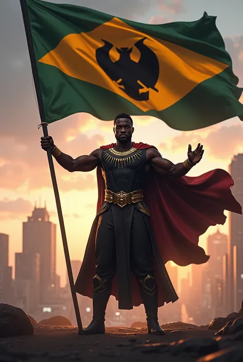 Homme noir tenant le drapeau du wakanda 