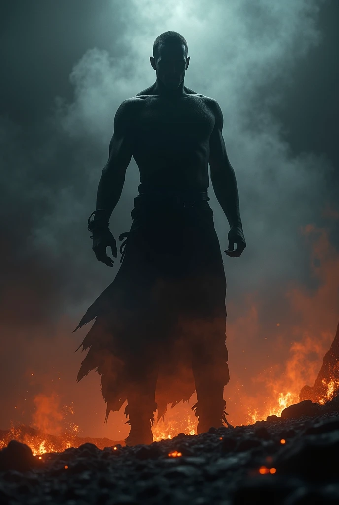 Dark silhouette of a man, coming out of the fire and ashes, night