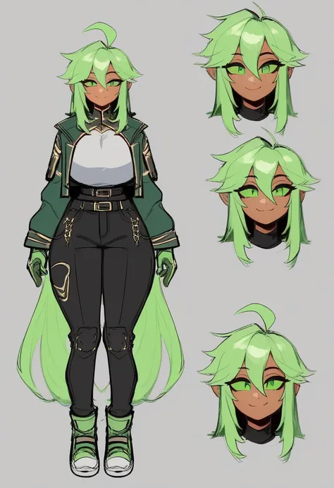 ((masterpiece)),(((best quality))),(character design sheet, same character, front, side, back), illustration, male,  big chest, feminine, tan skin, green eyes, green sclera, ahoge, absurdly long hair, green hair, green gloves, hair over eyes, hair between ...