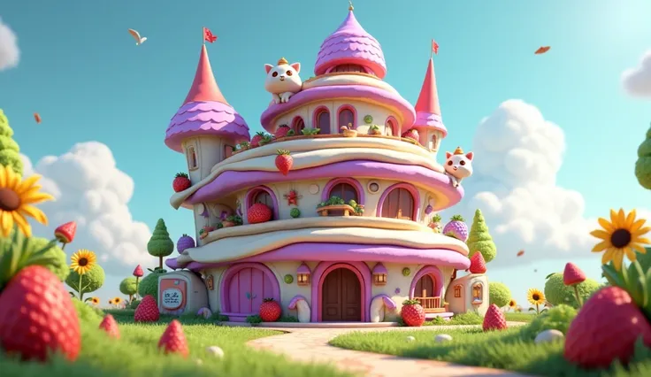  building shaped like pancakes, purple, magenta, vanilla and white shades, high quality, detailed, realistic, a little fantasy, day, grass, strawberries, sunflowers, small animal monster cat, dog, frog, rabbit, monster strawberry cute