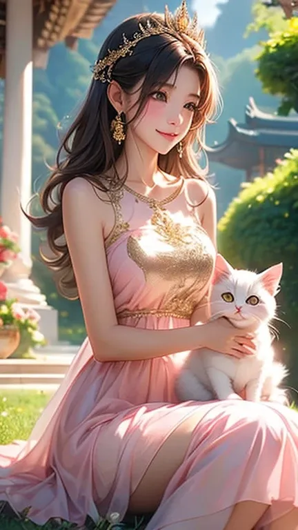 Beautiful young Thai woman wearing a pink dress and gold tiara sits on the grass in front of an ancient temple surrounded by roses, petting a white kitten with long fur, smiling at the camera. This photo-realistic image was taken using a Canon EOS R5.