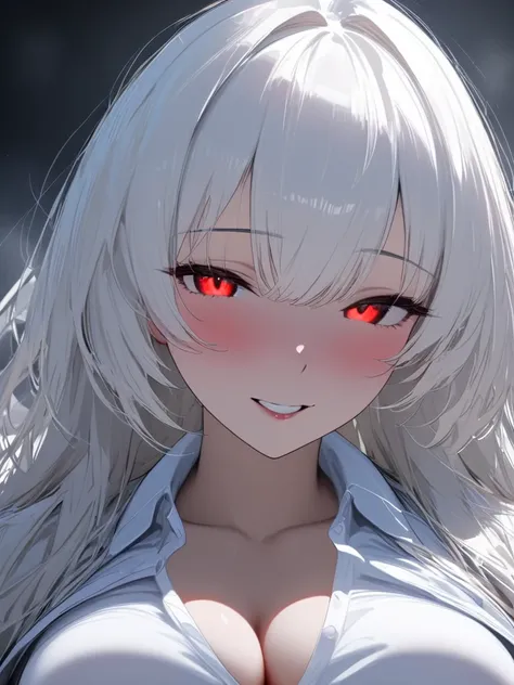 (masterpiece, best quality:1.2), 1 girl, alone, voluminous long white hair over shoulders, button-up shirt, fully clothed, zoomed out, lustful smile, seductive, blush, glowing red eyes, underboob extreme close-up,low angle, medium breasts, face obscured by...