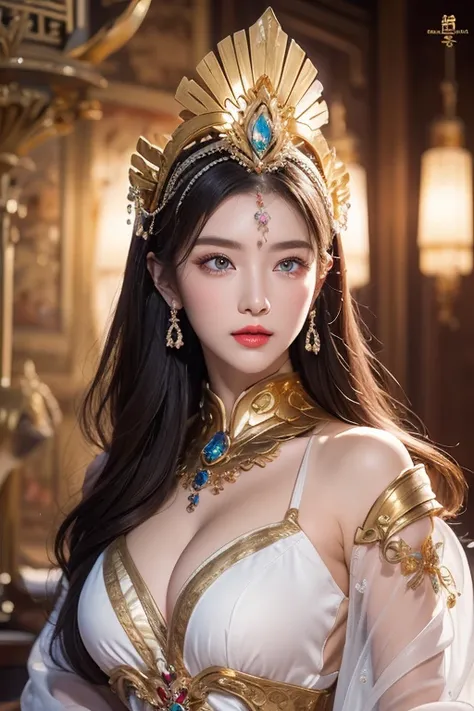 (photorealism), beautiful woman face and body facing front, a close up of a woman wearing a high detail red chinese opera dress and a tiable, natural make up, red lips, long brown hair, high detail skins, sapphire blue eyes, pefrect slim anatomy a photorea...