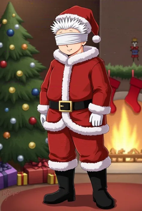 score_9, score_8_up, score_7_up, score_6_up. ((Satoru_Gojo face)) is dressed as Santa Claus, with a red and white outfit, including a red coat, red pants, a wide black belt, and black boots. He wears a red Santa hat and white gloves. His blue eyes are cove...