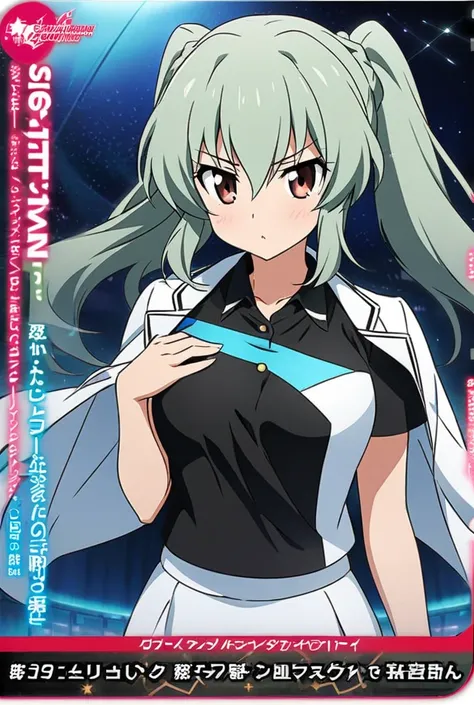   Anchovy from Girls und Panzer wearing a cruise uniform  ,Description of anchovy  :   a girl with long light green hair tied in two ponytails with 2 black threads and reddish-brown eyes. She wears contact lenses  . Shirt Description.   predominantly blue ...