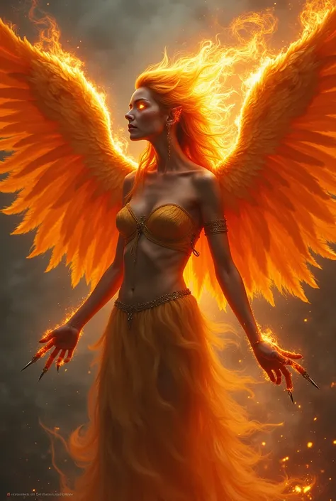 Main fusion :  Woman with burning feathers instead of hair .
 Features : Wings of fire, eyes shining like embers, and feet transformed into bird claws .
Inspiration:  A mythical figure representing rebirth.