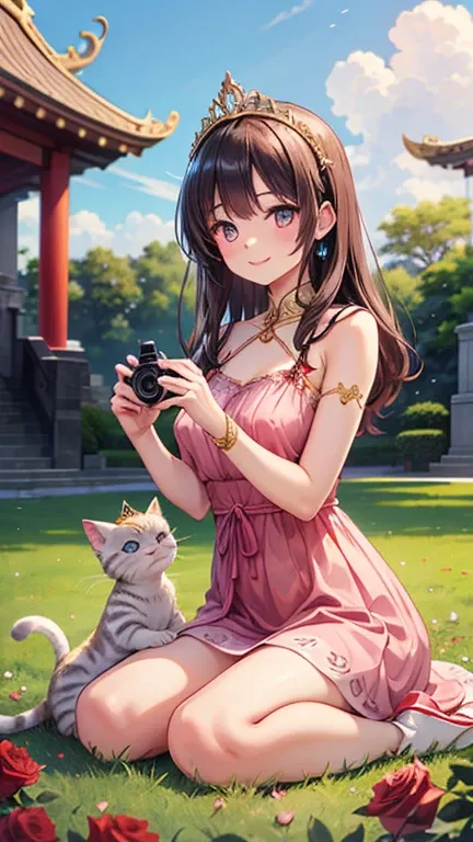 Beautiful young Thai woman wearing a pink dress and gold tiara sits on the grass in front of an ancient temple surrounded by roses, petting a white kitten with long fur, smiling at the camera. This photo-realistic image was taken using a Canon EOS R5.