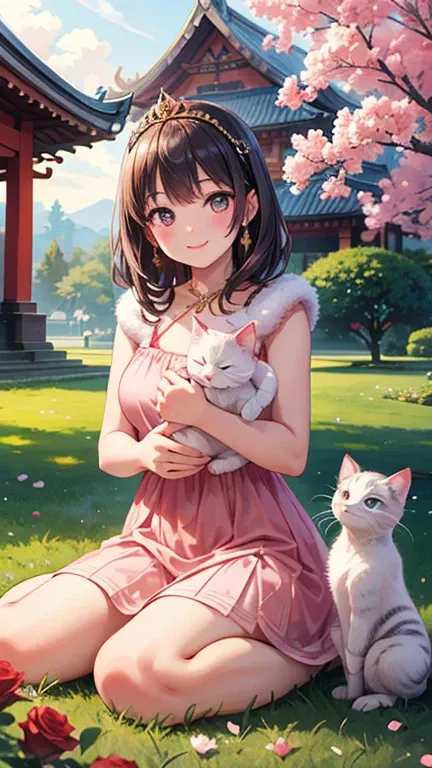 Beautiful young Thai woman wearing a pink dress and gold tiara sits on the grass in front of an ancient temple surrounded by roses, petting a white kitten with long fur, smiling at the camera. This photo-realistic image was taken using a Canon EOS R5.