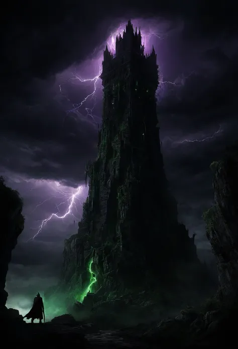 A colossal, foreboding dark tower rising from a chasm surrounded by jagged cliffs and swirling storms. The tower is constructed of ancient black stone, covered in creeping vines and glowing veins of green and purple energy. At its peak, a fiery orb crackle...