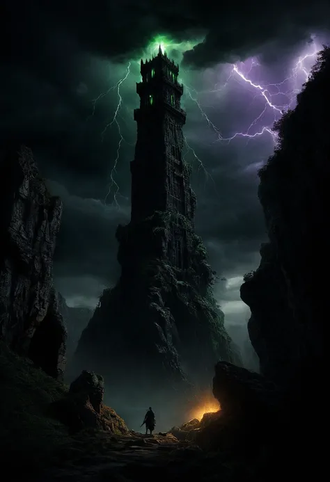 A colossal, foreboding dark tower rising from a chasm surrounded by jagged cliffs and swirling storms. The tower is constructed of ancient black stone, covered in creeping vines and glowing veins of green and purple energy. At its peak, a fiery orb crackle...