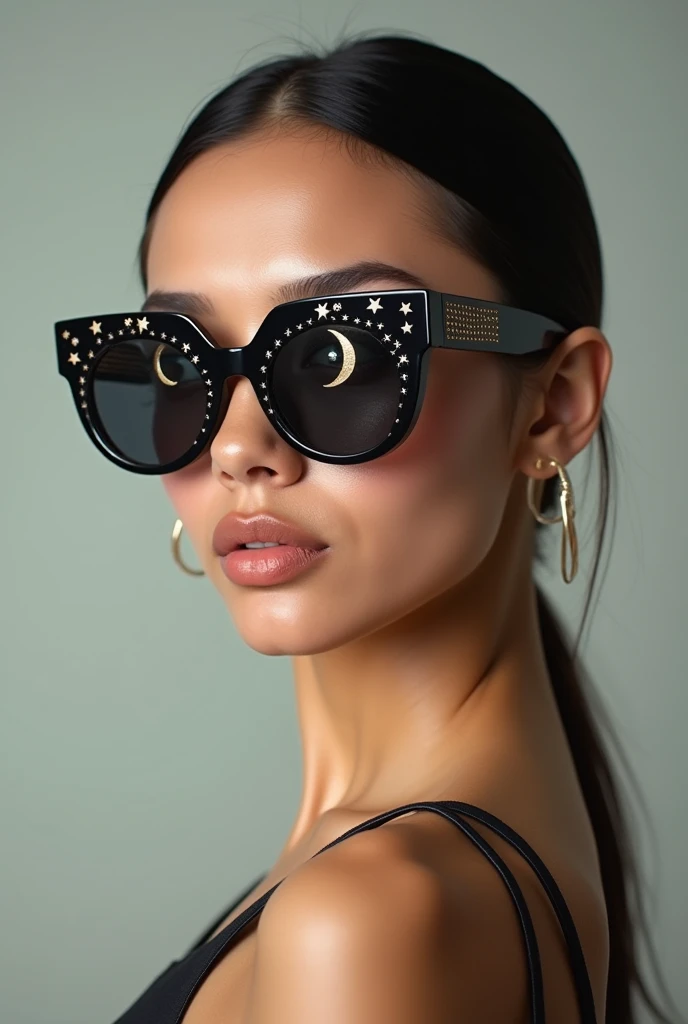 The model is wearing glass sunglasses with stars and the moon on the glass