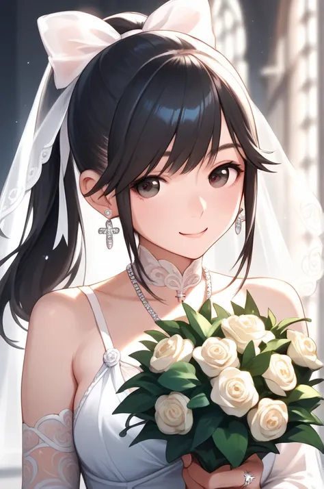  one woman　Perfect figure　 ponytail　 black hair　 wedding dress 　Gorgeous church　Happy smile　Look to the side　 face here 　Holding a bouquet in both hands　left hand　Engagement ring on the ring finger　Silver earrings　 silver necklace 　 dark eyes