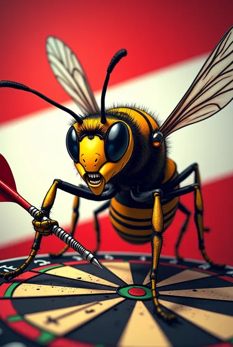 An aggressive cartoon hornet playing darts and as the background of an Austrian flag